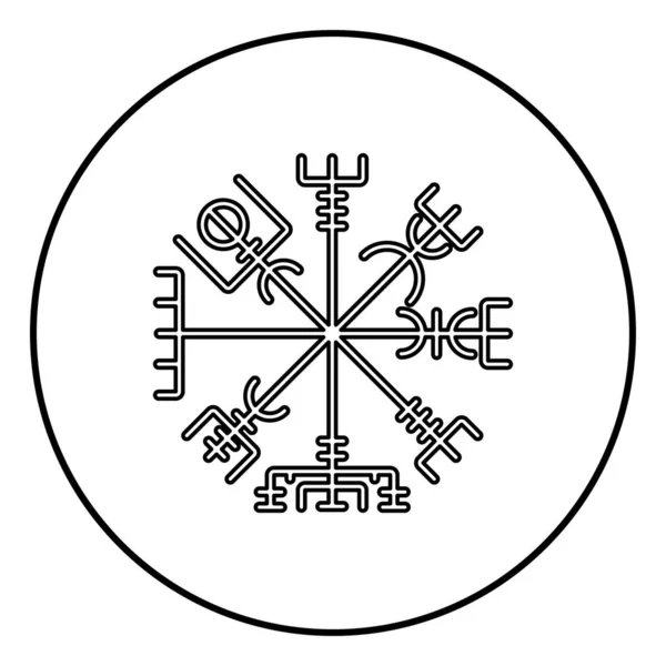 Veganer Runenkompass galdrastav Navigationskompass Symbol Umriss schwarze Farbvektor im Kreis runde Abbildung flachen Stil Bild — Stockvektor