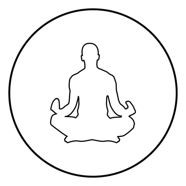 Méditer l'homme Pratiquer le yoga symbole icône contour noir vecteur de couleur en cercle illustration ronde style plat image — Image vectorielle