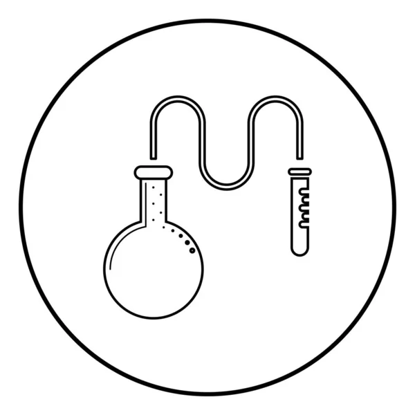 Frasco de destilación de aceite para reactivos químicos con tubo de ensayo utilizando un tubo delgado Icono de concepto de reacción química contorno vector de color negro en círculo ilustración redonda imagen de estilo plano — Vector de stock