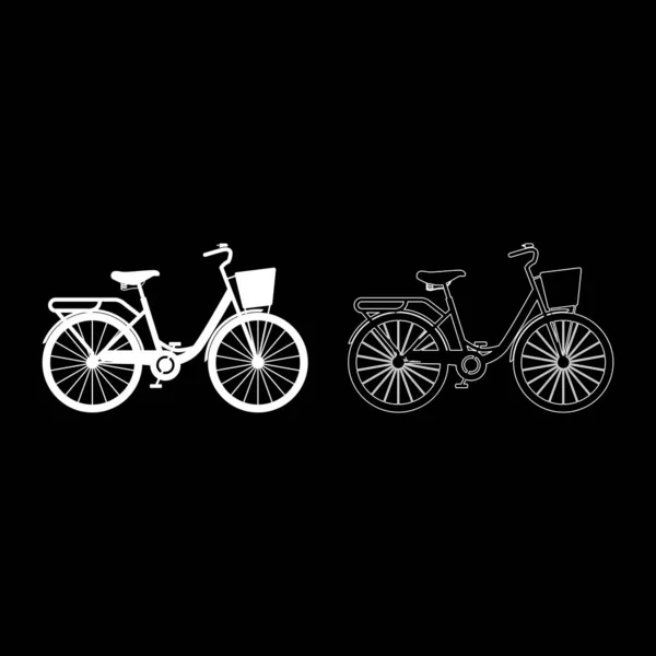 Woman's bicycle with basket Womens beach cruiser bike Vintage bicycle basket ladies road cruising icon set white color vector illustration flat style image — Stock Vector