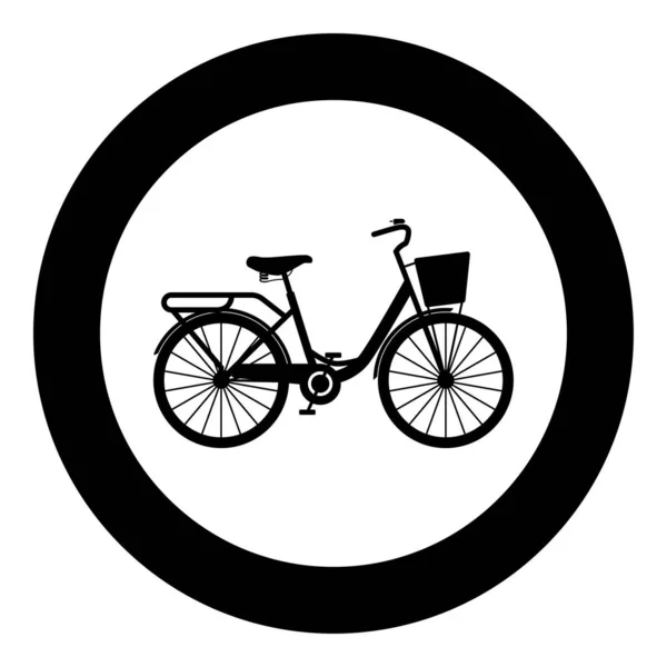 Vrouwenfiets met mand Womens beach cruiser fiets Vintage fietsmand dames road cruising icoon in cirkel rond zwart kleur vector illustratie platte stijl afbeelding — Stockvector