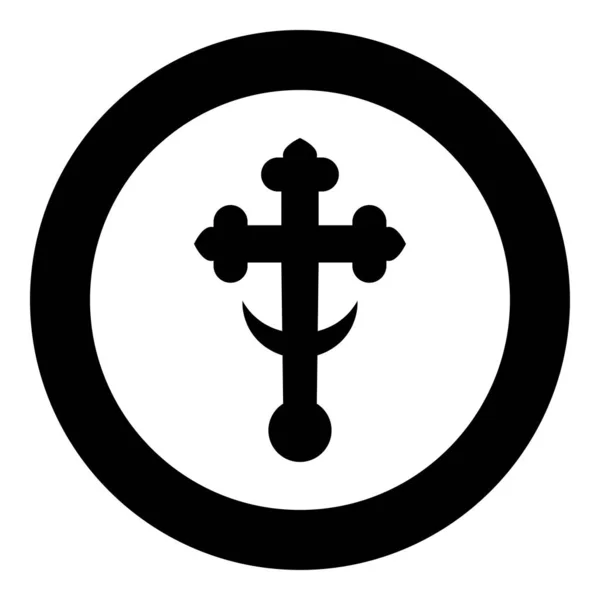 十字翼三叶草在教堂圆顶与半月十字字母宗教十字图标在圆形黑色矢量插图平面风格图像 — 图库矢量图片
