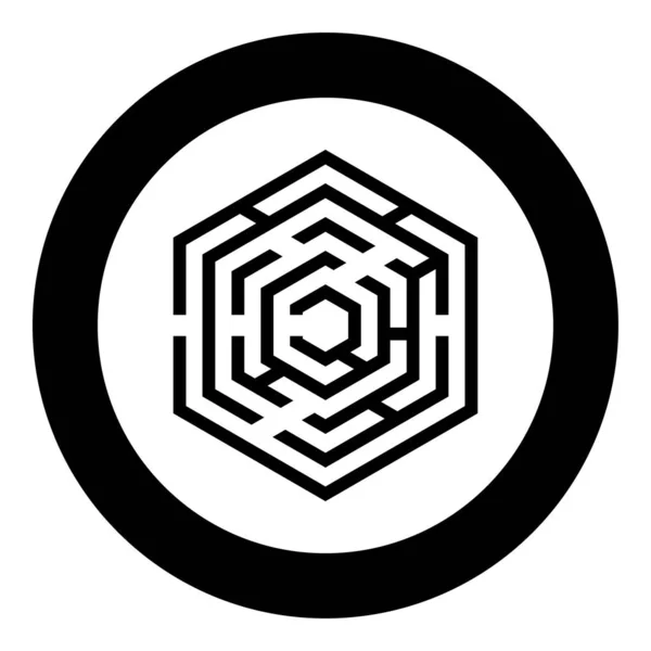 Laberinto laberinto hexagonal laberinto hexagonal con seis icono de esquina en círculo redondo color negro vector ilustración imagen de estilo plano — Vector de stock