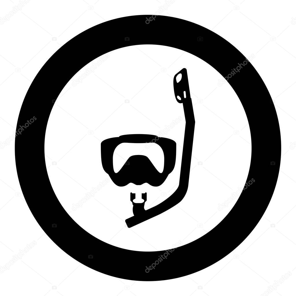Diving mask with breathing tube Diving snorkel Equipments for swimming Snorkeling concept Swimming equipment icon in circle round black color vector illustration flat style image