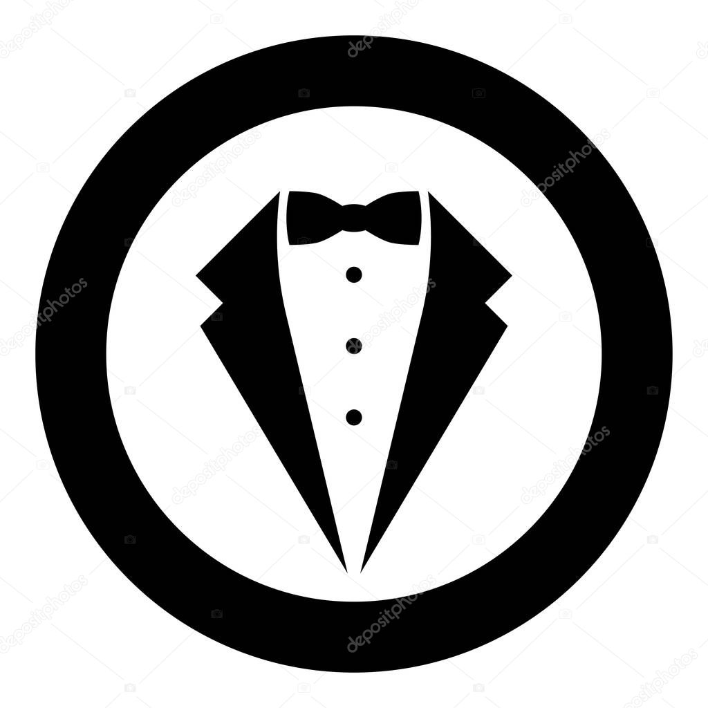 Symbol service dinner jacket bow Tuxedo concept Tux sign Butler gentleman idea Waiter suit icon in circle round black color vector illustration flat style image
