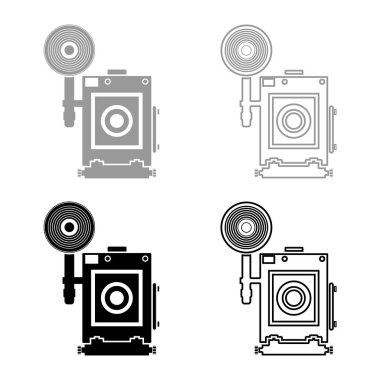 Retro kamera Vintage fotoğraf kamera yüz görünümü simgesi siyah gri renk vektör illüstrasyon düz tarzı basit görüntü seti