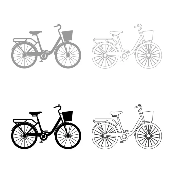 女用自行车与篮子女用自行车妇女海滩巡洋舰自行车复古自行车篮子女用公路巡航图标设置黑色灰色矢量画图平面风格简单形象 — 图库矢量图片