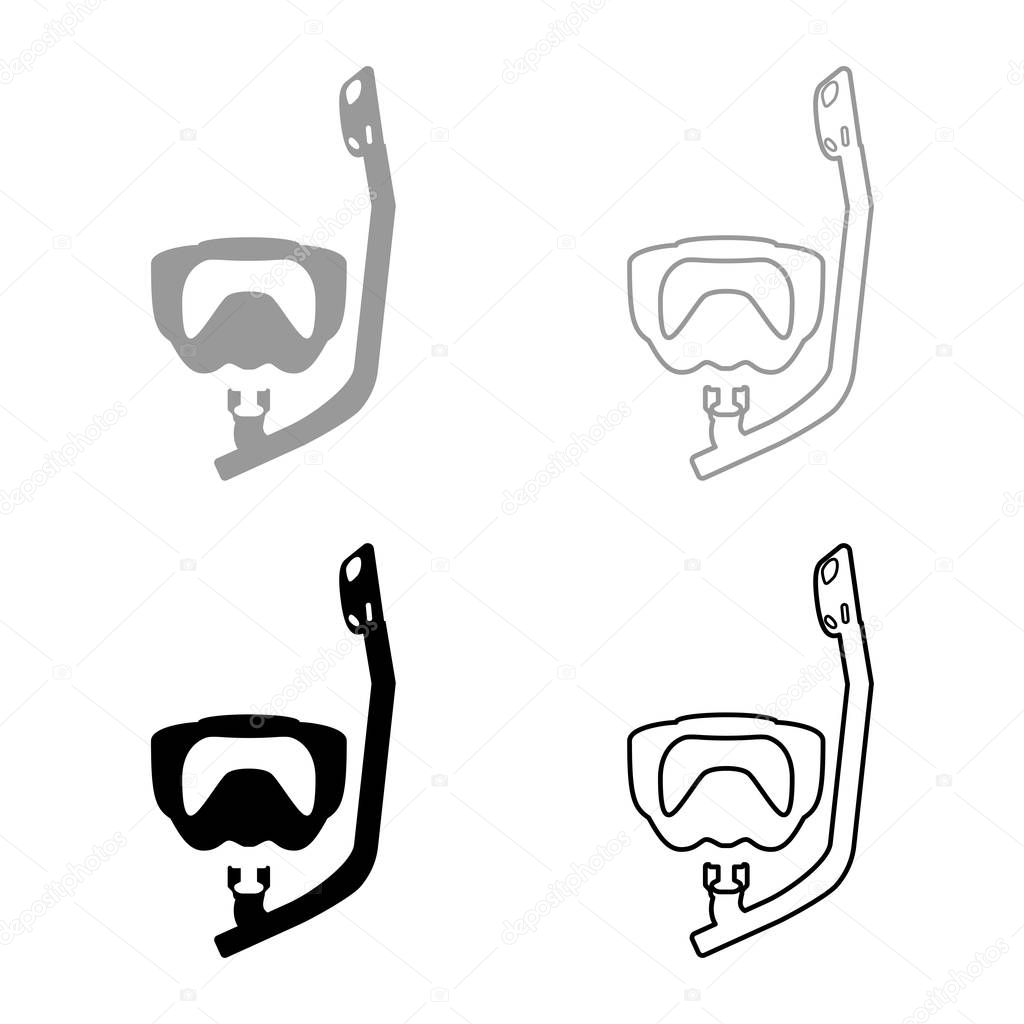 Diving mask with breathing tube Diving snorkel Equipments for swimming Snorkeling concept Swimming equipment icon set black grey color vector illustration flat style simple image