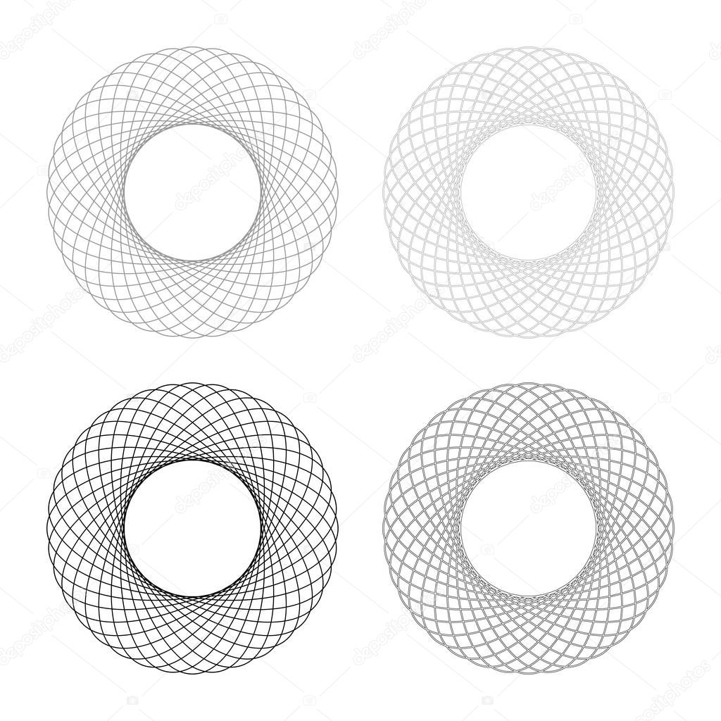Spirograph abstract element Circle shape Concentric pattern Fractal graphic icon set black grey color vector illustration flat style simple image