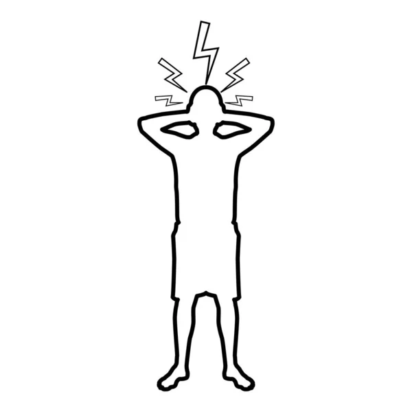 Man Holding hand in de buurt van hoofd met Lightning Thunderbolt concept problemen probleem mensen silhouet pictogram overzicht zwarte kleur vector illustratie platte stijl afbeelding — Stockvector