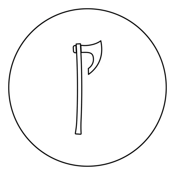 Ax dengan long handle ikon kapak Viking dalam lingkaran garis luar berwarna hitam vektor gambar gaya datar - Stok Vektor