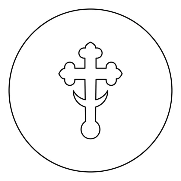 Cross Trefoil Shamrock på kyrkan kupol domical med Half-Moon Cross monogram religiösa kors ikon i cirkelrunda kontur svart färg vektor illustration platt stil bild — Stock vektor