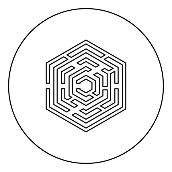 Maze Hexagon maze Labyrinth heksagonal dengan enam ikon sudut dalam lingkaran garis bujur gambar gaya datar vektor warna hitam - Stok Vektor