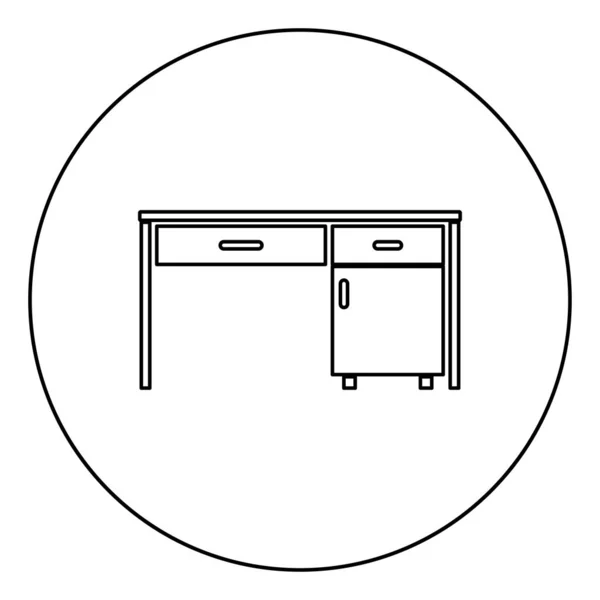 办公桌办公办公桌书面桌 办公用概念图标在圆形轮廓黑色矢量插图平面样式图像 — 图库矢量图片