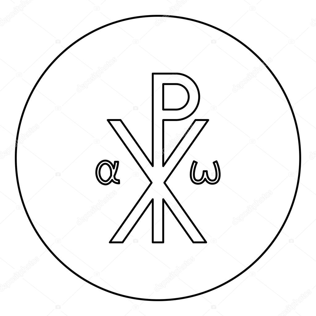 Crismon symbol Cross monogram Xi Hi Ro Konstantin Symbol Saint Pastor sign Religious cross Alfa Omega icon in circle round outline black color vector illustration flat style image