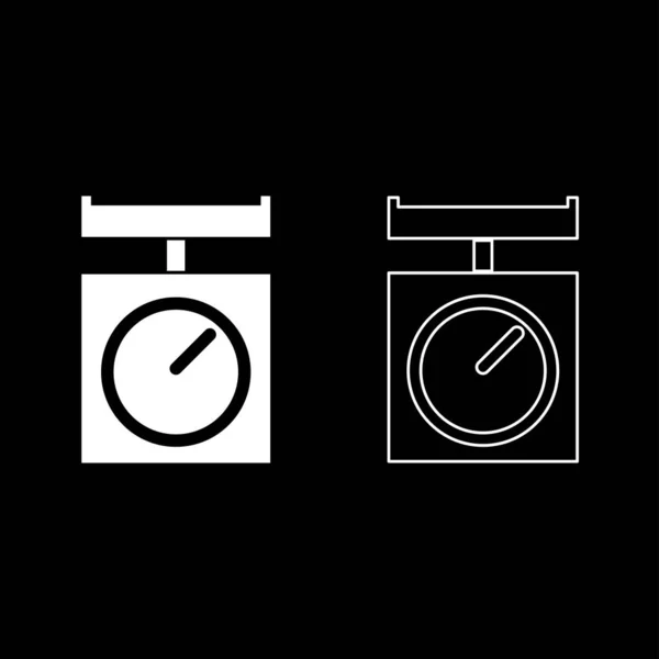 Keukenweegschalen huishoudelijke weegschalen weegschalen met pan keuken apparatuur pictogram omtrek set witte kleur vector illustratie platte stijl afbeelding — Stockvector