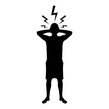 Şimşek yıldırım ı ile başın yanında el tutan Adam Kavram sorun sorun insanlar siluet simgesi siyah renk vektör illüstrasyon düz stil görüntü