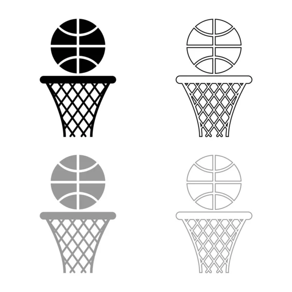 La cesta de baloncesto y la red del aro de la pelota y el contorno del icono de la bola establecen la imagen del estilo plano de la ilustración del vector del color gris negro — Vector de stock