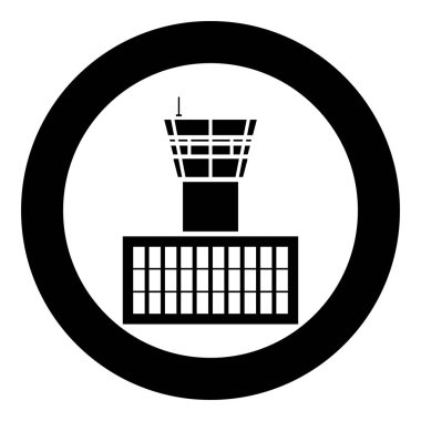 Havaalanı kontrol kulesi Havaalanı Binası Yuvarlak siyah renkli vektör illüstrasyon düz stil görüntü daire uçuş kontrol kulesi simgesi