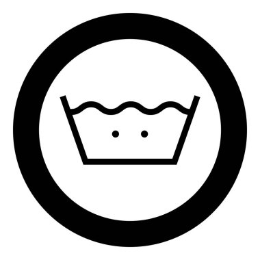 Ilık suda yıkayın Giysi bakım sembolleri Çamaşır konsepti Daire yuvarlak siyah renkli vektör illüstrasyon düz stil görüntü içinde çamaşır işareti simgesi