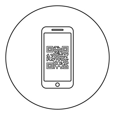 Daire yuvarlak anahat siyah renk vektör illüstrasyon düz stil görüntü ekran simgesi üzerinde Qr kodu ile Smartphone