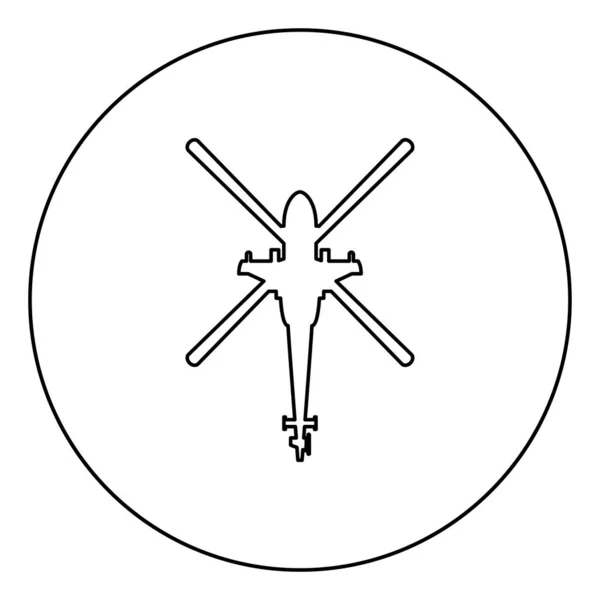 直升机顶视图 战斗直升机图标在圆形轮廓黑色矢量插图平面样式图像 — 图库矢量图片