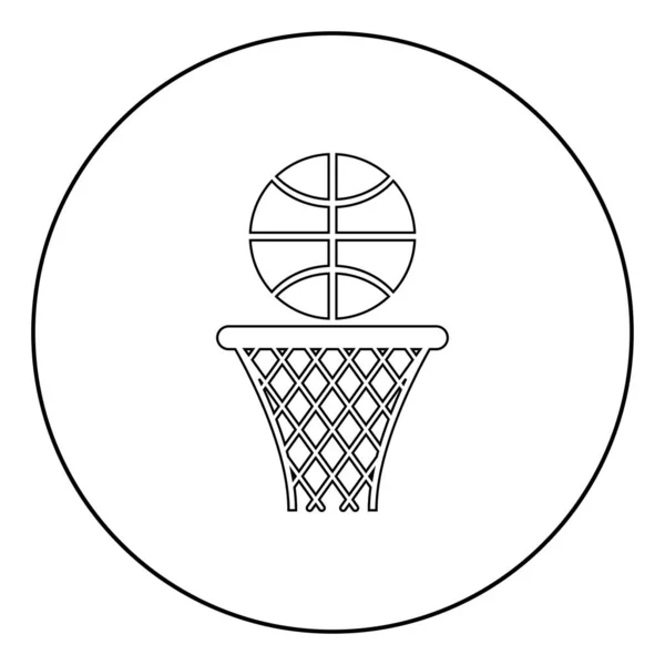 Basquete cesta e bola Hoop net e bola ícone em círculo redondo contorno preto cor vetor ilustração plano estilo imagem —  Vetores de Stock