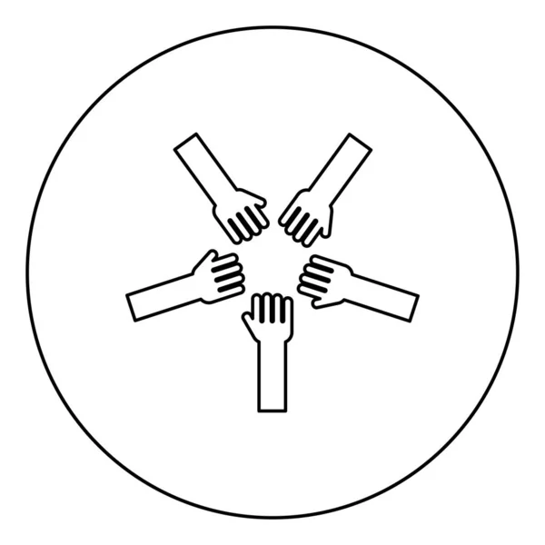 Fünf Hände Gruppe Arme viele Hände, die offene Handflächen Menschen, die ihre Hände zusammenlegen Stapel Hände Konzept Einheit Symbol im Kreis runde Umrisse schwarzer Farbvektor Illustration flachen Stil Bild — Stockvektor