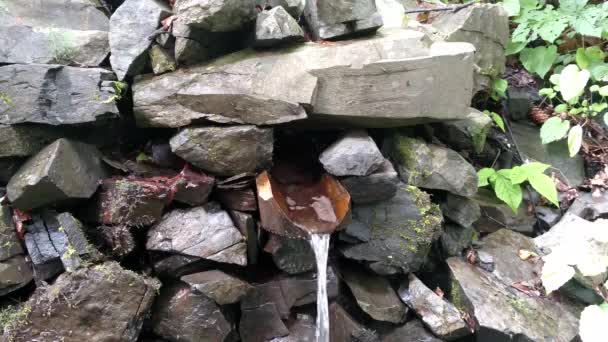 Água de nascente que flui da montanha ao longo de uma sarjeta de madeira Fonte líquida fresca de canal de madeira — Vídeo de Stock
