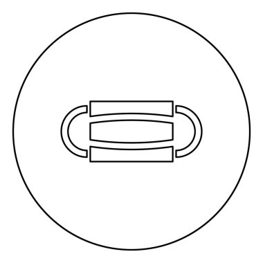 Tek kullanımlık tıbbi maske Hastane kirliliği virüsü COVID 19 'u koronavirüs ikonundan yuvarlak yuvarlak çizgili siyah renk çizimi düz resim