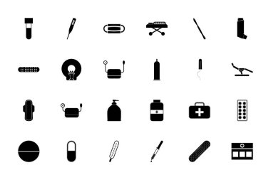 Tıbbi nesneler siyah renk katı biçim vektör çizimi