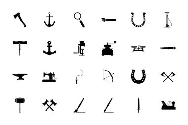 Vintage araçlar ve zanaat nesneleri siyah renk katı biçim vektör çizimi