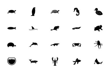 Su hayvanları siyah renk katı biçim vektör illüstrasyonunu ayarlar