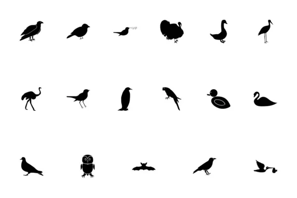鳥ブラックカラーセットソリッドスタイルのベクトルイラスト — ストックベクタ