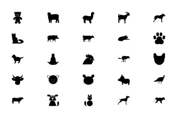 Pets Farm Animals Black Color Set Solid Style Vector Illustration — Stock Vector