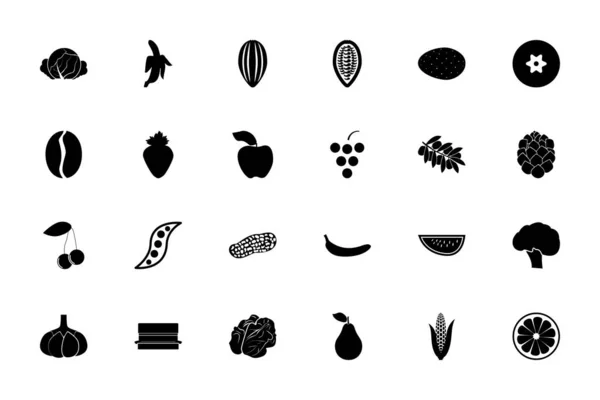 Alimentation Fruits Légumes Couleur Noire Ensemble Illustration Vectorielle Style Solide — Image vectorielle