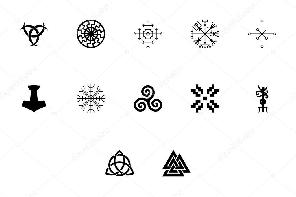 Scandinavian symbols and culture black color set solid style illustration