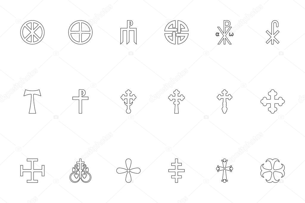 Religious cross black color set outline style vector illustration