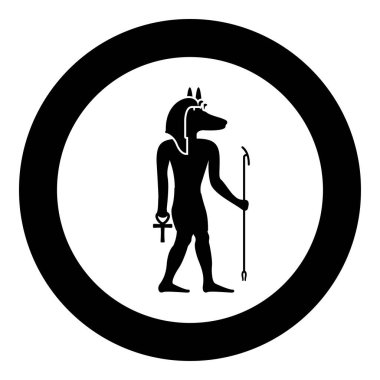 Çakal başıyla Anubis tanrısı Eski Mısır tanrısı asayı ve Anch çapraz siluet mitolojik ikonu yuvarlak siyah renk çizim tasviri basit ana hatları çizim biçimi