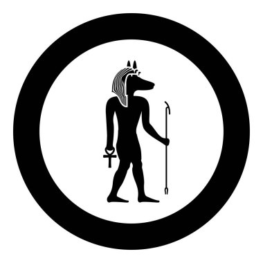 Çakal başıyla Anubis tanrısı Eski Mısır tanrısı asayı ve Anch çapraz siluet mitolojik ikonu yuvarlak siyah renk çizim tasviri basit ana hatları çizim biçimi