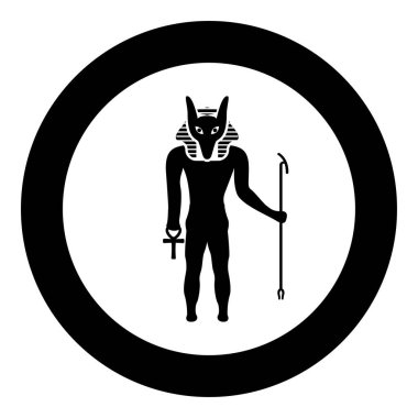 Çakal başıyla Anubis tanrısı Eski Mısır tanrısı asayı ve Anch çapraz siluet mitolojik ikonu yuvarlak siyah renk çizim tasviri basit ana hatları çizim biçimi