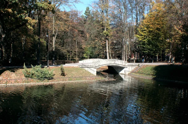 公园里的一座旧石桥 它在秋天的树木和湖泊的深色水的背景下看起来很好 创建日历的好照片 — 图库照片