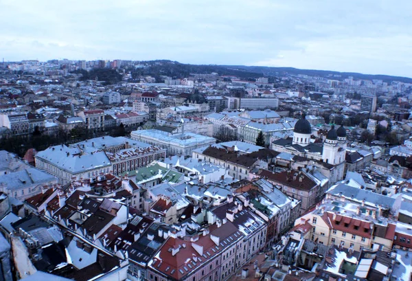 Part Old European City Top View Old Roofs Covered Snow — Stock Photo, Image