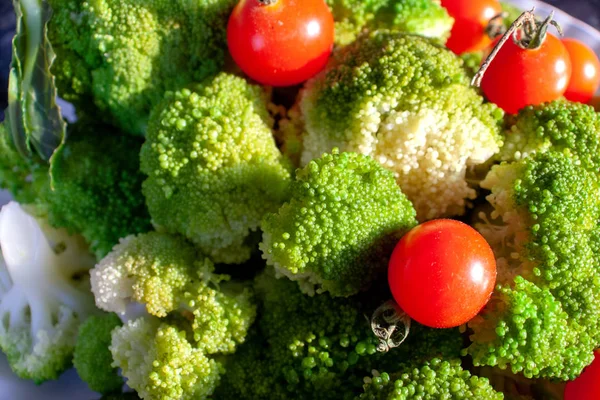 Cherry Tomatoes Green Broccoli Beautiful Vegetable Still Life Billboards — Stock Photo, Image