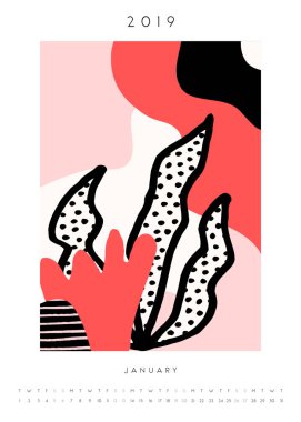 Yazdırılabilir Ocak takvimi şablonunu, soyut ve organik şekilleri ile tasarım