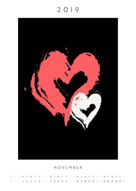 Yazdırılabilir Kasım takvimi şablonunu, elle çizilmiş kalpler 