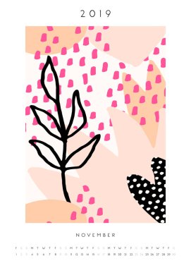 Yazdırılabilir Kasım takvimi şablonunu, soyut ve organik şekilleri ile tasarım 