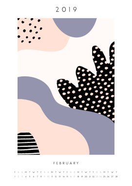 Yazdırılabilir Şubat takvimi şablonunu, soyut ve organik şekilleri ile tasarım