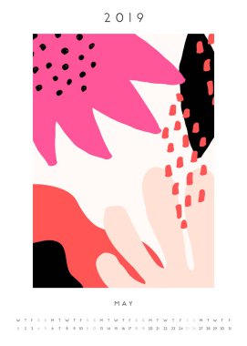 Yazdırılabilir şablon, tasarım soyut ve organik şekillerle takvimi 