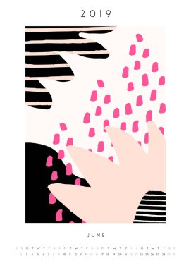 Soyut ve organik şekillerle yazdırılabilir Haziran takvim şablonu